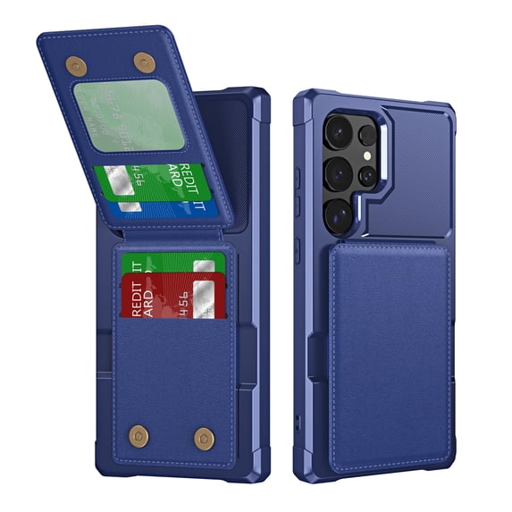 Ultra Slim PU Leather Card Back Bag for Samsung Galaxy S25 Ultra, Hybrid TPU + PC Phone Case with Magnetic Clasp, Kickstand Shockproof Drop Protection Cover for Samsung Galaxy S25 Ultra - Darkblue