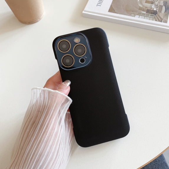 Ultra Slim Phone Case for iPhone 15, PU Leather Ultra-Thin Bumper Frameless Borderless Minimalist Design with Camera Lens Protector for Men Women Girls,Solid Color Case,Black