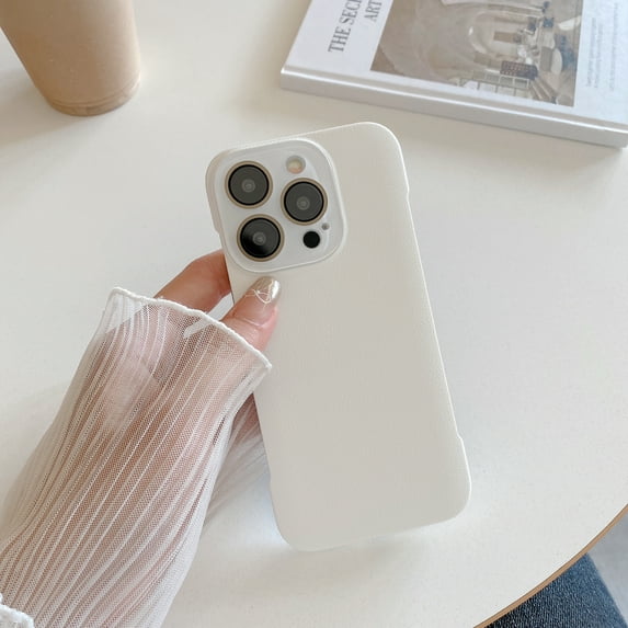 Ultra Slim Phone Case for iPhone 15 Pro Max, PU Leather Ultra-Thin Bumper Frameless Borderless Minimalist Design with Camera Lens Protector for Men Women Girls,Solid Color Case,White