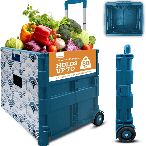 Ultra-Slim Rolling Collapsible Storage Pack-N-Roll Utility-carts, with Telescopic Handle, for Home, Garden, Shopping, Office, School use, Large, Blue, Wave Print