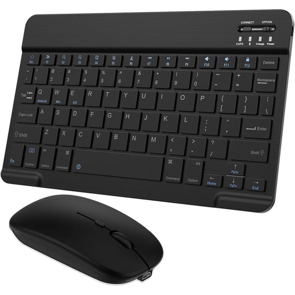 Ultra-Slim Small Bluetooth Keyboard and Mouse Combo Portable Rechargeable Wireless Keyboard for Android Tablet Cell Phone Samsung Smartphone iPhone iPad mini Pro Air 10.2 10.9 11 12.9 13 inch (Black)