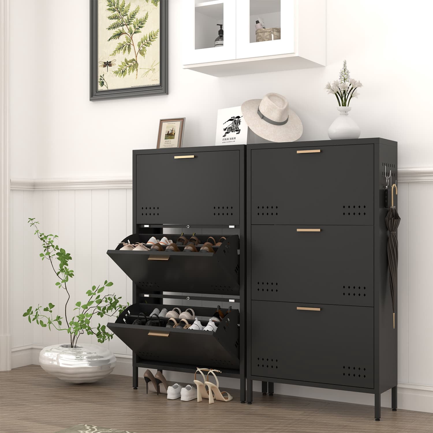 Ultra-Slim Steel Shoe Cabinet with Tilt-Out Drawers, 9.45" Depth Space-Saving Design, 3 Adjustable Shelves, Side Hooks for Narrow Entryway Hallway
