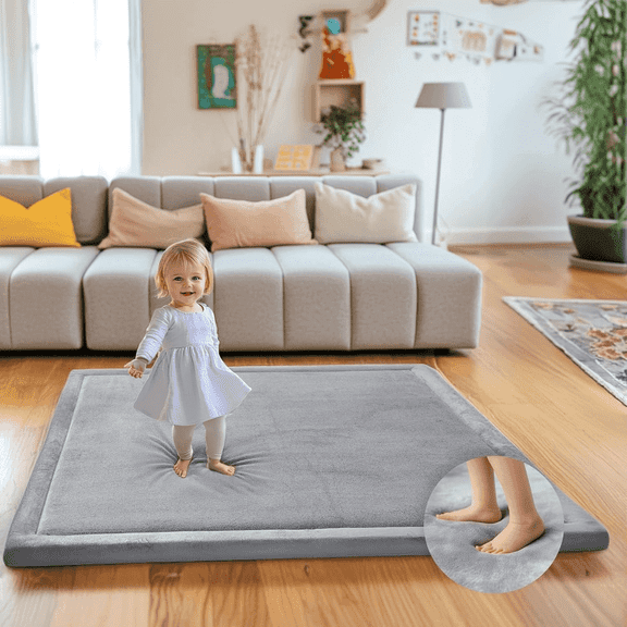 Ultra Soft 1.3" Thick Baby Play Mat for Floor, Large Velvet 50x50 Playpen Mat, Baby-Safe & Non-Slip Tummy Time Mat, Crawling Mat for Babies, Toddlers, Infants, Kids, Easy Care, 50"x50", Gray