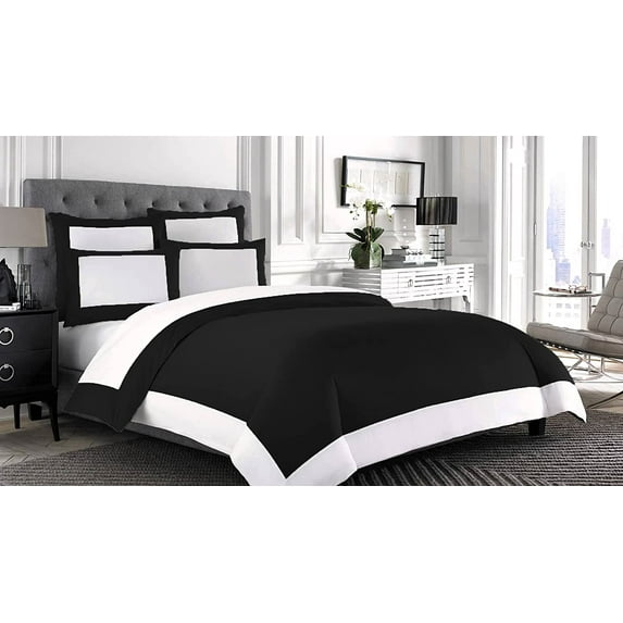 Ultra Soft 1000 Series 3 Piece Designer Border Reversible Black & White Twin Duvet Cover with Zipper Closure Double Brushed Egyptian Cotton Breathable