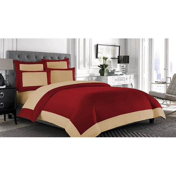 Ultra Soft 1000 Series 3 Piece Designer Border Reversible Burgundy & Beige Queen Duvet Cover with Zipper Closure Double Brushed Egyptian Cotton Breathable