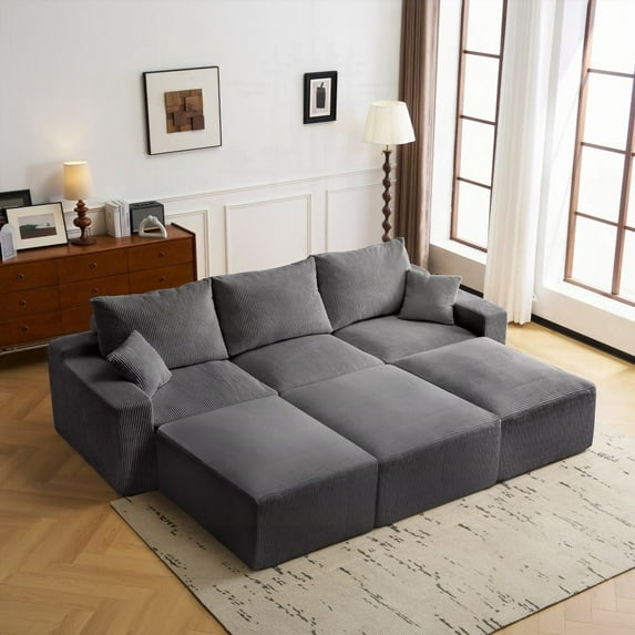 Modern Grey Corduroy 110cm L-Shaped Sectional Sofa with Full-Compression Technology and No Assembly Required