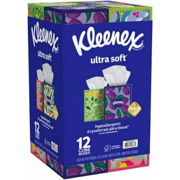 Ultra Soft 3-Ply Facial Tissues, 12 Cube Boxes (72 tissues/box, 12 boxes)