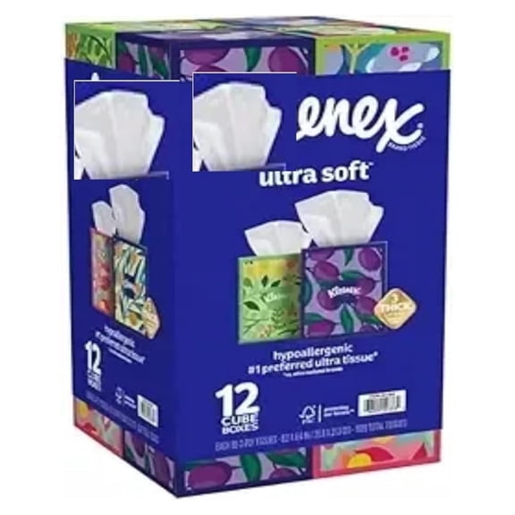 Ultra Soft 3-Ply Facial Tissues, 85 Tissues per Cube Box, Pack of 12 cubes