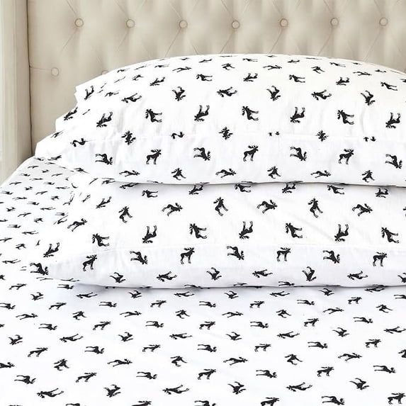 4-Piece 100% Turkish Cotton Flannel Sheet Set - Holiday Christmas Flannel Sheets Deep Pocket Fitted Sheet- Full, Black Elk