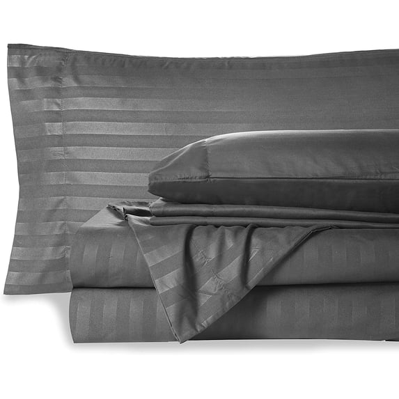 Ultra-Soft 6 Piece Luxury Bamboo Sheet Set, 12" Inch Deep Pocket Fitted Sheet 100% Pure Organic Bamboo (Dark Grey Stripe) Cal-King Size All Season & Wrinkle Free Cooling Sheets.