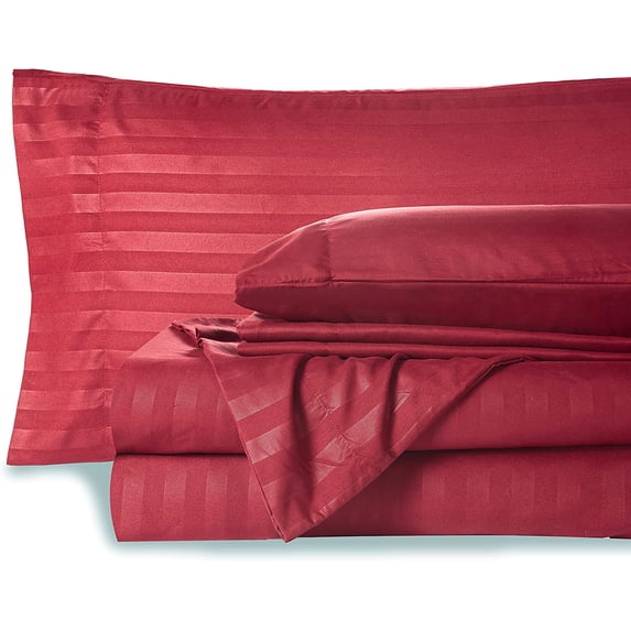 Ultra-Soft 6 Piece Luxury Bamboo Sheet Set, 22" Inch Deep Pocket Fitted Sheet 100% Pure Organic Bamboo (Burgundy Stripe) Olympic Queen Size All Season & Wrinkle Free Cooling Sheets.