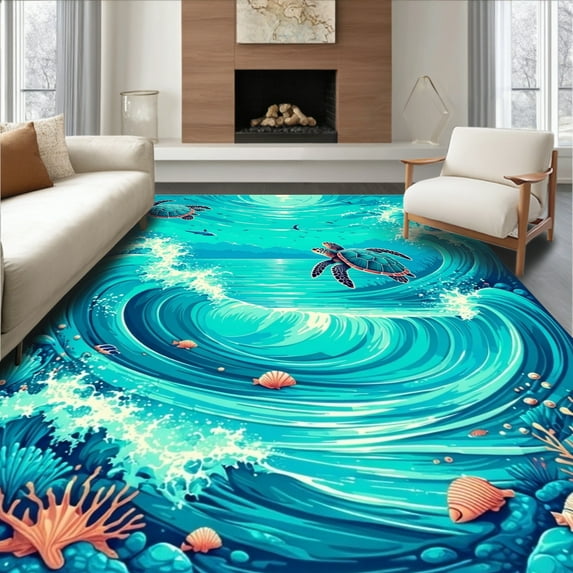 Ultra Soft Area Rug, Marine Life Inspired Design with Sea Turtles Shell Spirals and Ocean Waves, Non Slip, Stain Resistant, Washable Area Rugs for Living Room, Bedroom(Turquoise, 2X3)