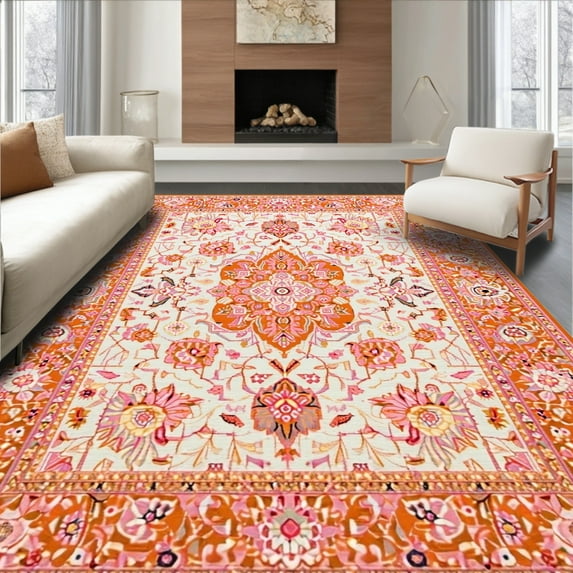 Ultra Soft Area Rug, Lively Orange Garden Inspired, Non Slip, Stain Resistant, Washable Area Rugs for Living Room, Bedroom(Orange, 2X3)