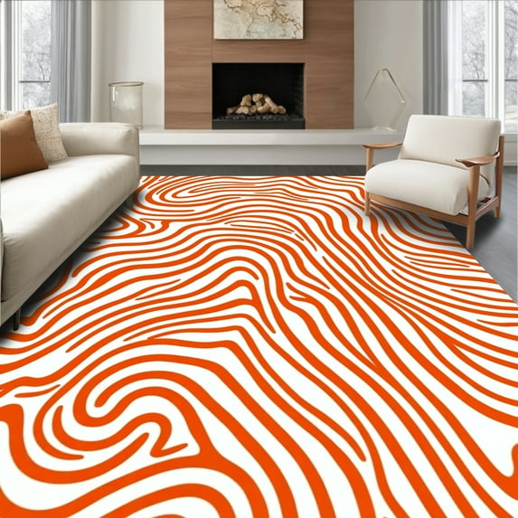 Ultra Soft Area Rug, Dynamic Curvilinear Shapes with Orange and White Contrast, Non Slip, Stain Resistant, Washable Area Rugs for Living Room, Bedroom(Orange, 3X5)