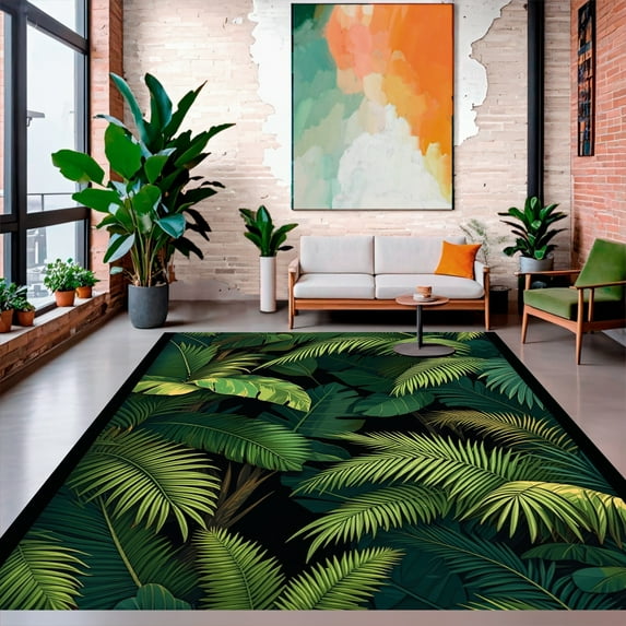 Ultra Soft Area Rug, Tropical Jungle Foliage with Layered Palm and Fern Leaves, Non Slip, Stain Resistant, Washable Area Rugs for Living Room, Bedroom(Green, 3X5)