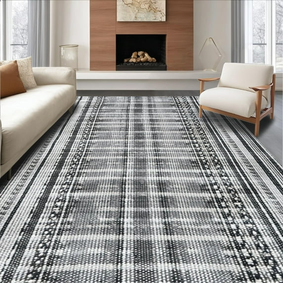 Ultra Soft Area Rug 3x5, Non Slip, Stain Resistant, Washable Area Rugs for Living Room, Bedroom, Versatile RV Deck Beach Picnic Straw Carpet (Black, 3x5)