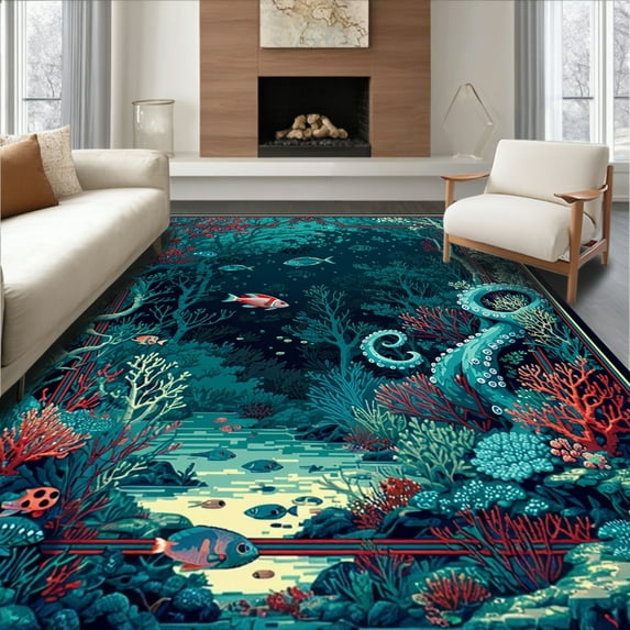 Ultra Soft Area Rug, Nautical Octopus and Coral Intertwined Runner with Abstract Tentacle Motifs, Non Slip, Stain Resistant, Washable Area Rugs for Living Room, Bedroom(Teal, 4X6)