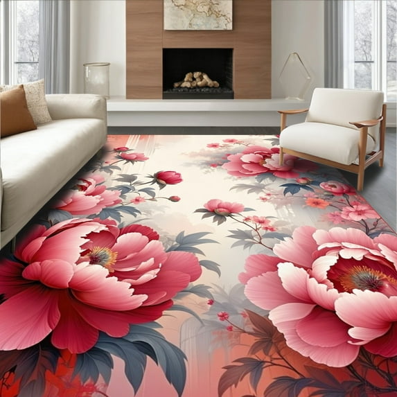 Ultra Soft Area Rug, Elegant Peony Bloom Refined Floral, Non Slip, Stain Resistant, Washable Area Rugs for Living Room, Bedroom(Red, 4X6)