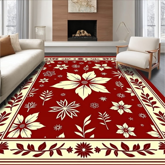 ODIKA 5x7 Machine Washable Non-Slip Area Rug, Elegant Poinsettia Bloom Holiday with Botanical Winter Garden Ultra Soft Rug, None, 632431