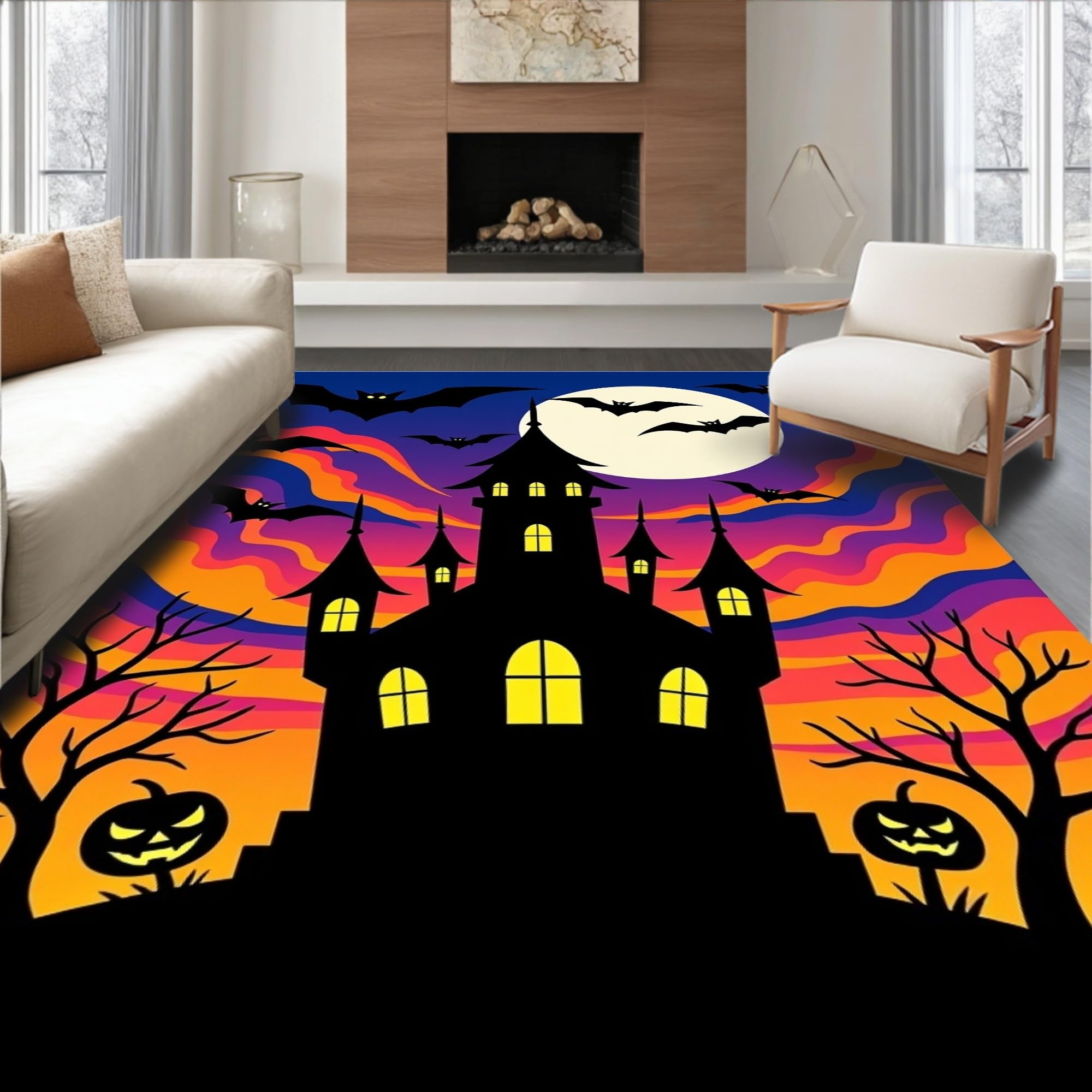 Ultra Soft Area Rug 5x7, Haunted Manor Witch Bats Moonlit Sky Pumpkin ...