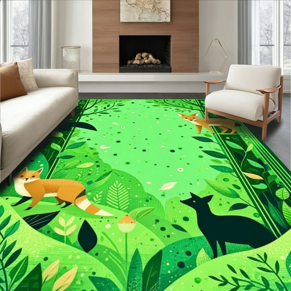 Ultra Soft Area Rug, Magical Woodland Creatures Artistic Nature, Non Slip, Stain Resistant, Washable Area Rugs for Living Room, Bedroom(Green, 5X7)