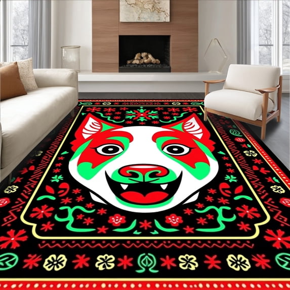 ODIKA 6x9 Machine Washable Non-Slip Area Rug, Festive Canine Motif Latch Hook with Holiday Spirit Design Ultra Soft Rug, None, 645438