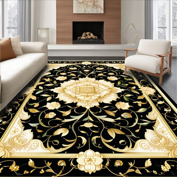 Ultra Soft Area Rug, Vintage Floral Medallion With Gold Accents On Dark Background, Non Slip, Stain Resistant, Washable Area Rugs for Living Room, Bedroom(Black, 6X9)