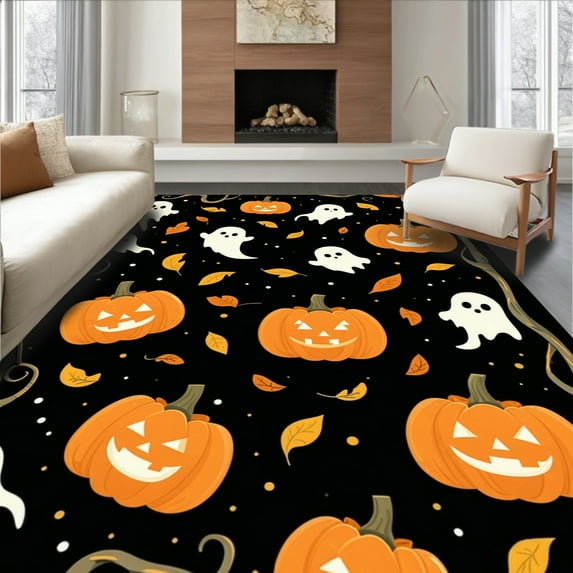 Ultra Soft Area Rug, Pumpkin Patch Round with Whimsical Halloween Theme, Non Slip, Stain Resistant, Washable Area Rugs for Living Room, Bedroom(Orange, 8X10)