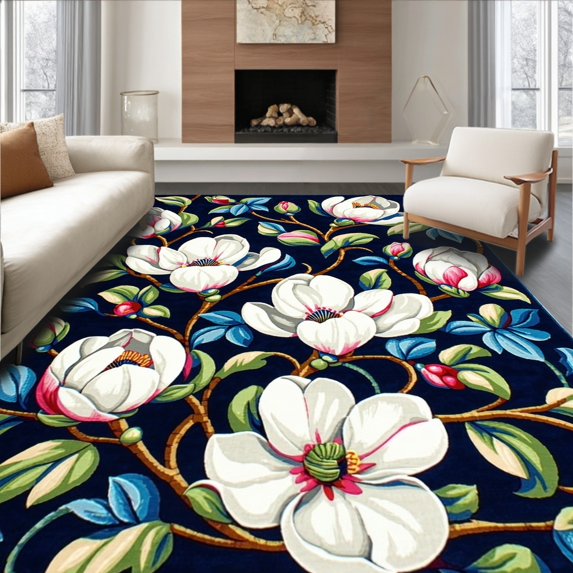 Ultra Soft Area Rug, Magnolia Bloom Floral Symphony, Non Slip, Stain Resistant, Washable Area Rugs for Living Room, Bedroom(Navy, 8X10)