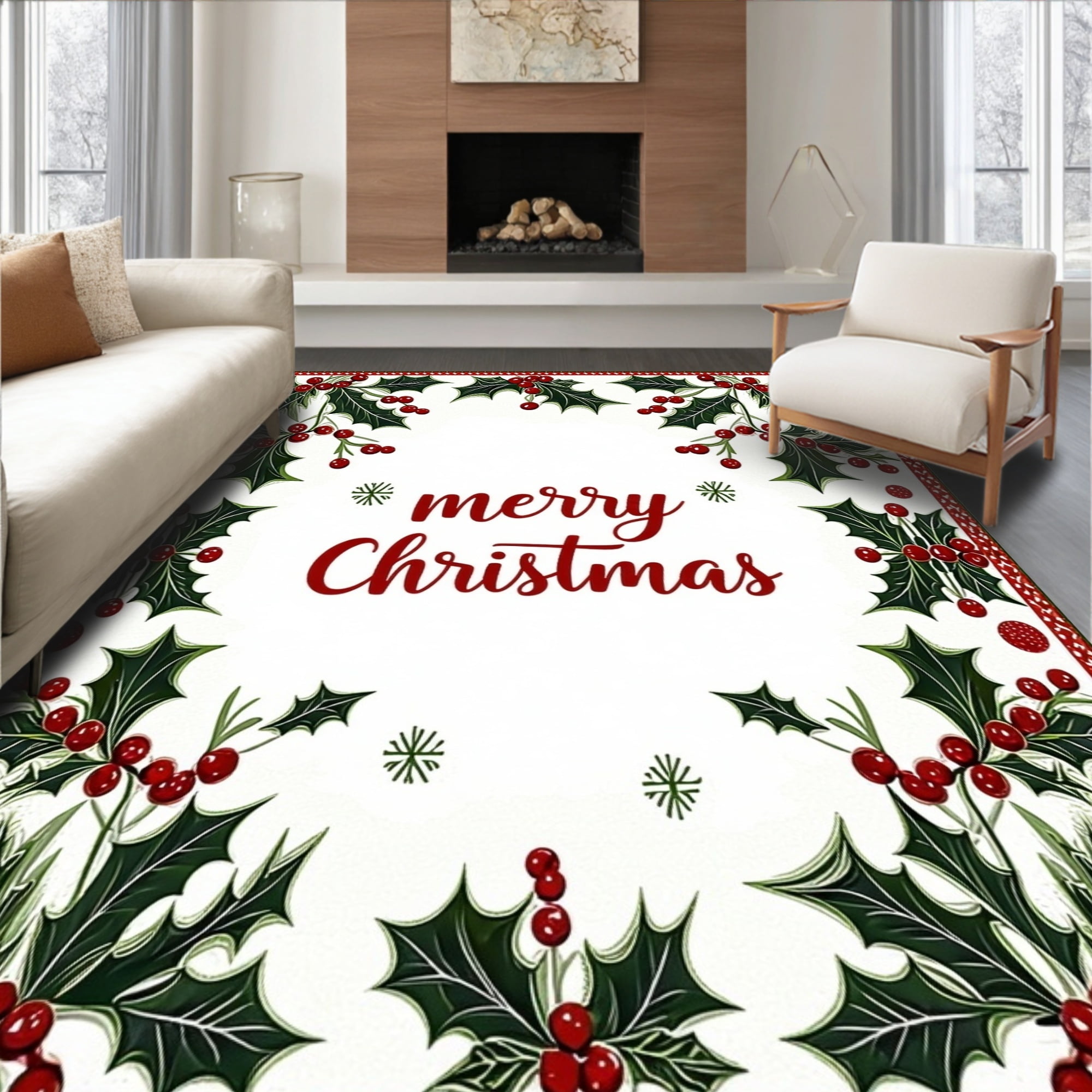 Ultra Soft Area Rug, Elegant Holly Berry Border Festive Christmas ...
