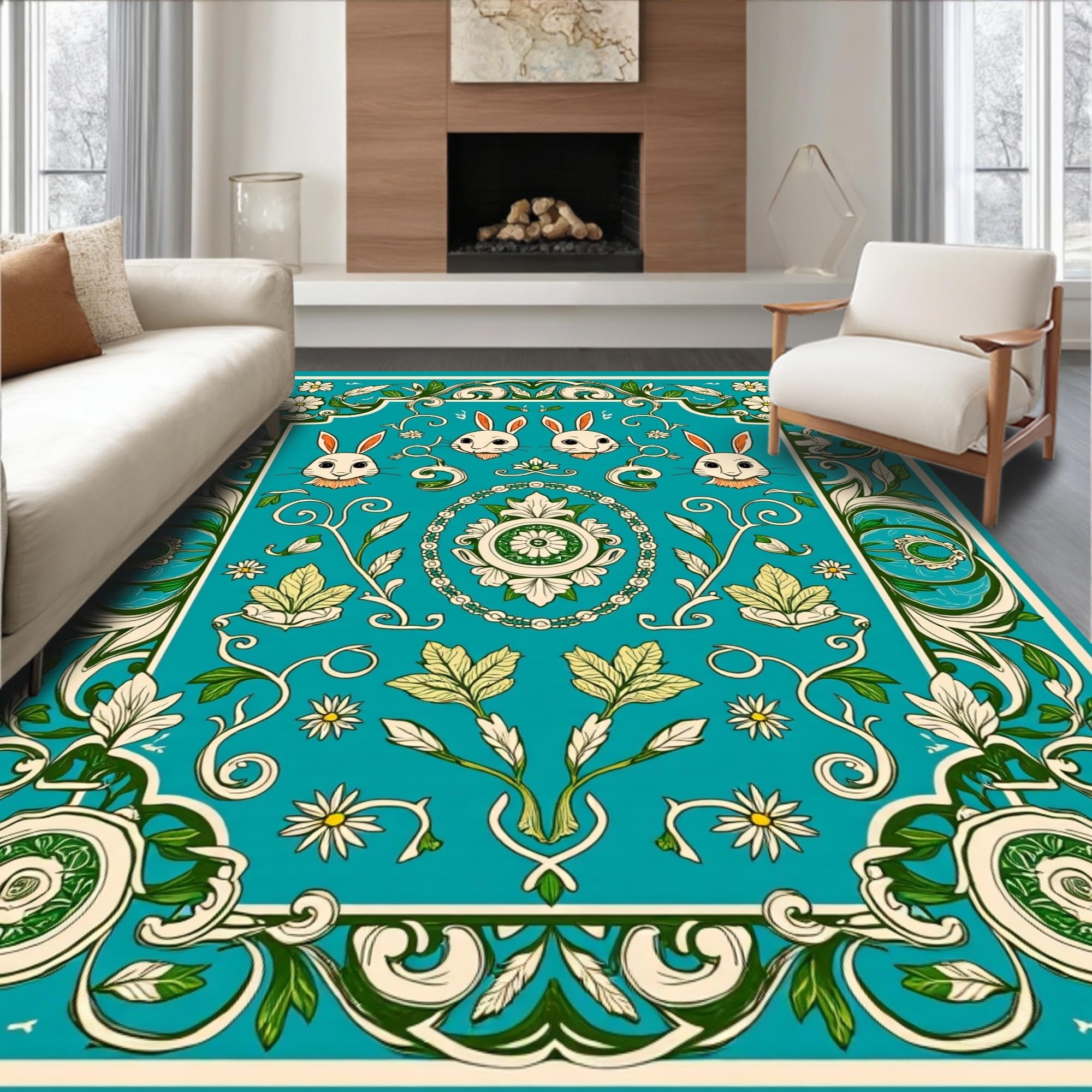 Ultra Soft Area Rug, Enchanted Forest Creatures with Botanical Scrolls ...