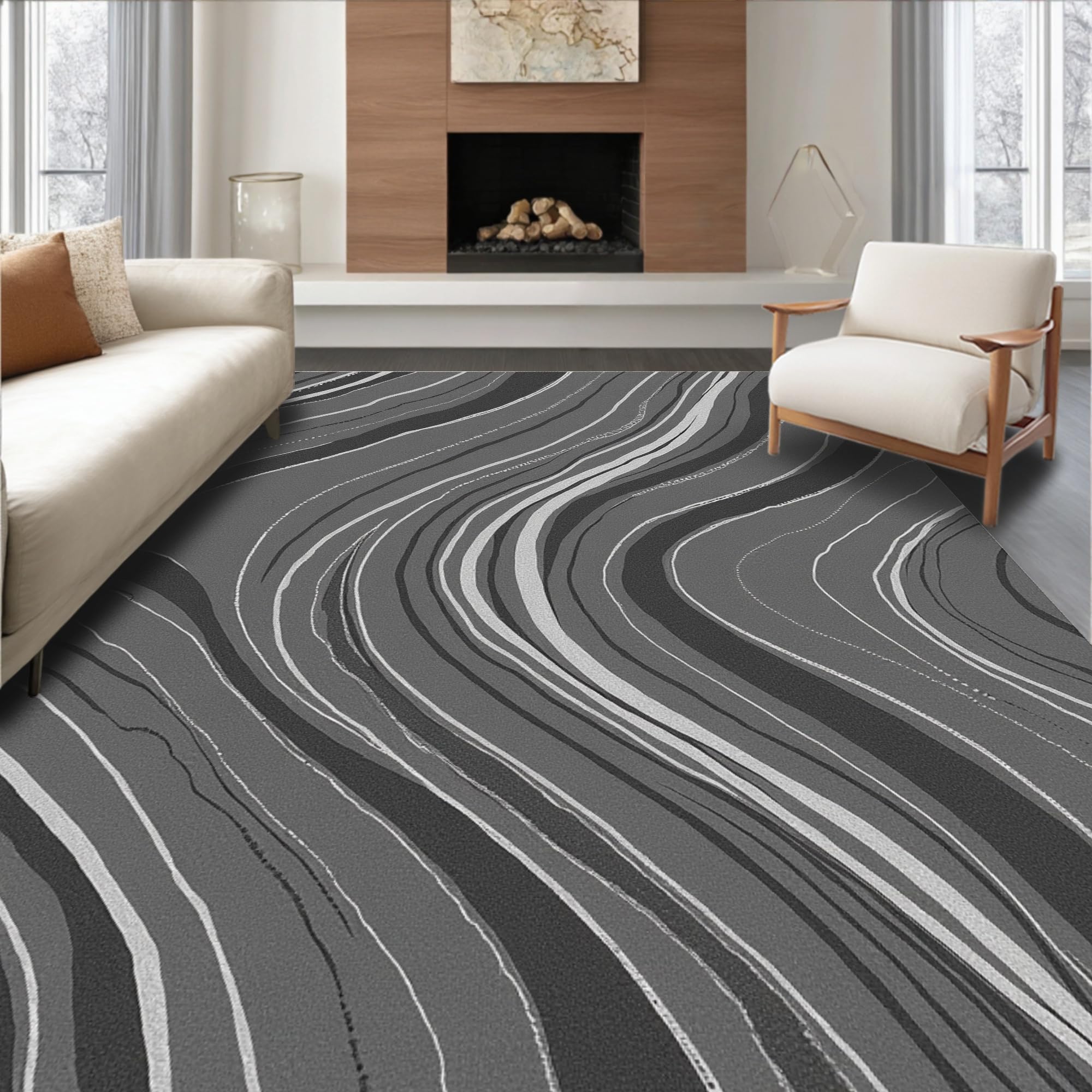 Ultra Soft Area Rug, Modern Abstract Wave Motif with Overlapping Lines ...