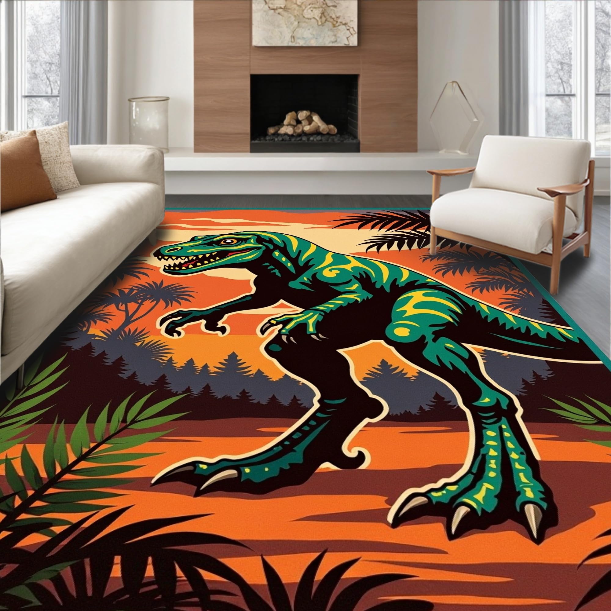 Animal Abyss Rug Ultra Soft Area Rug, Prehistoric Creatures Adventure Scene with Mighty ...