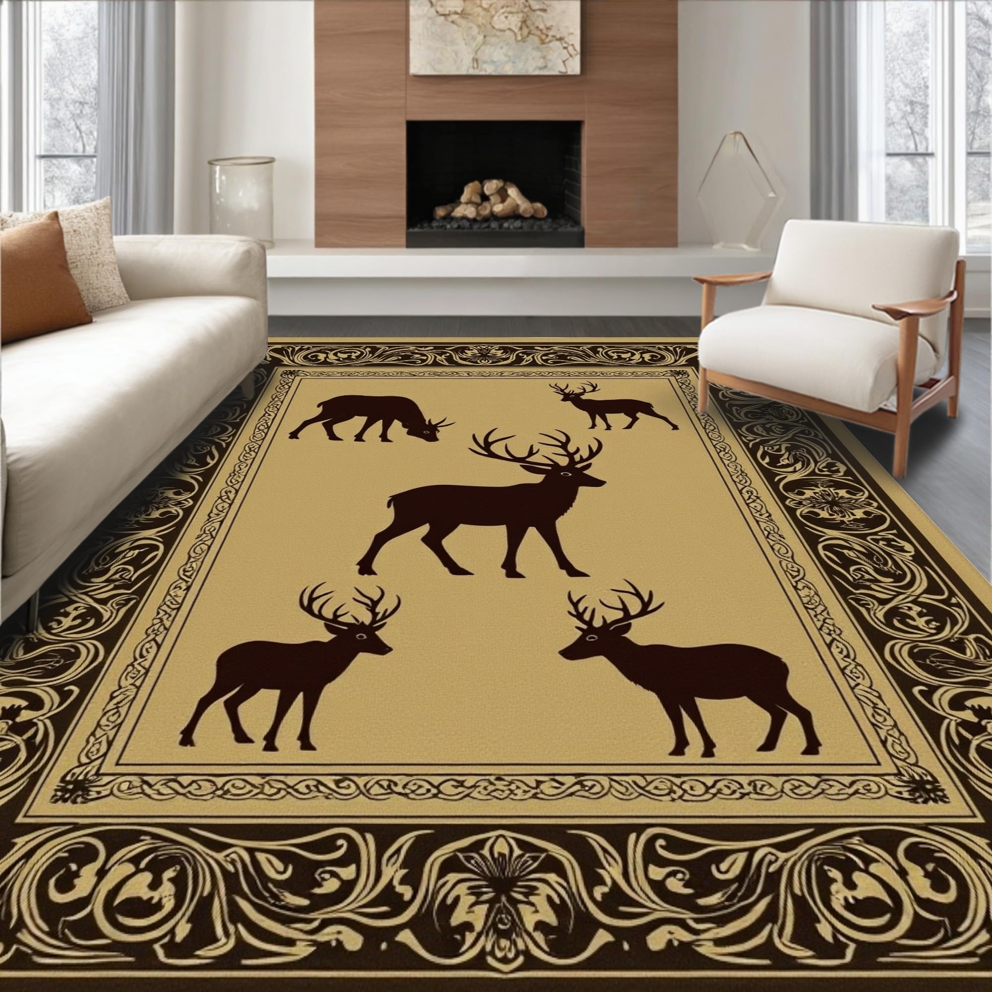 Ultra Soft Area Rug, Rustic Wildlife Silhouette with Bear and Deer ...