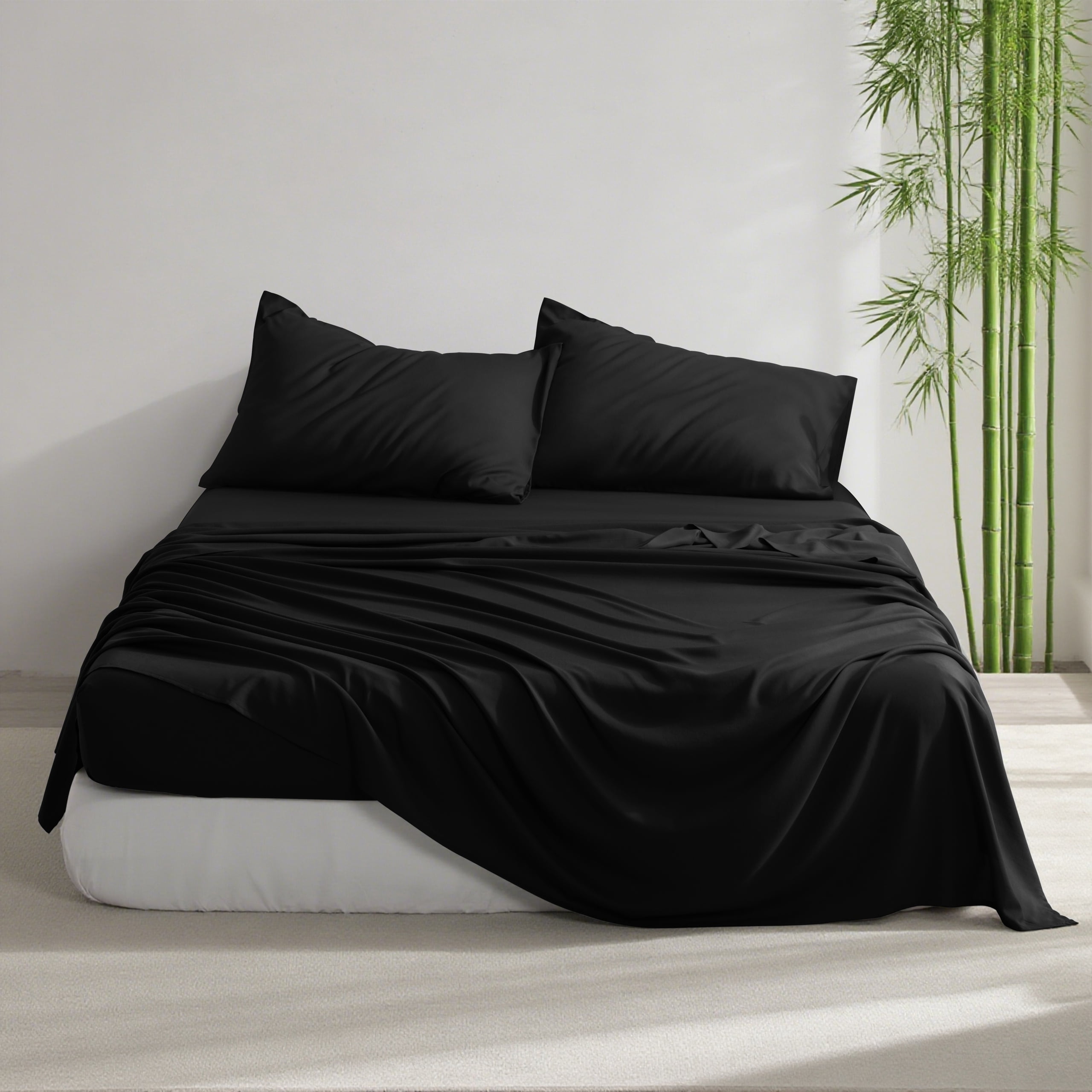 Ultra Soft Bamboo Sheet Set of 3, Durable and Cooling Bamboo Fiber Bed Sheet Set, Twin, 1 Flat Sheet +1 Fitted Sheet +1 Pillowcases, Black