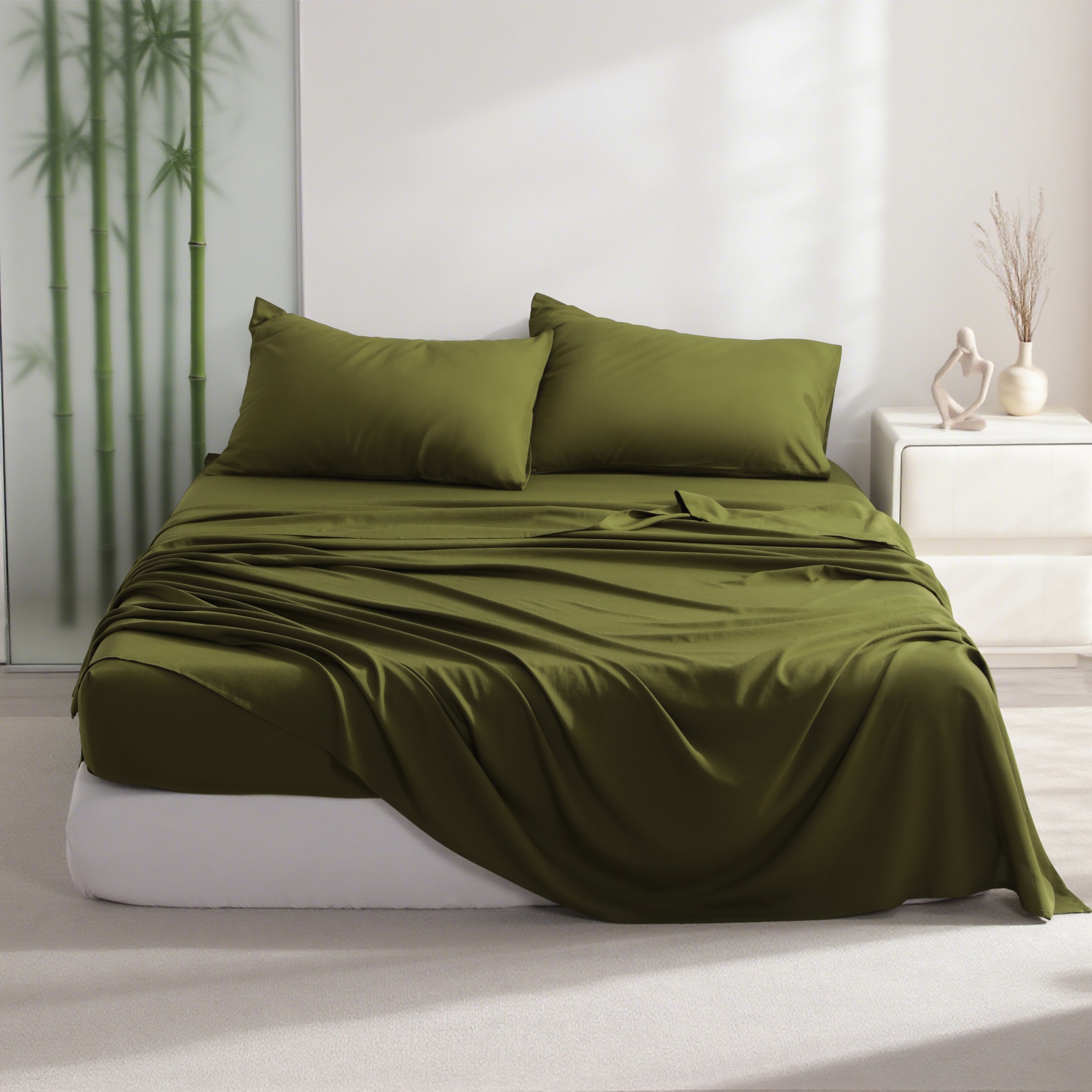 Ultra Soft Bamboo Sheet Set of 4, Durable and Cooling Bamboo Fiber Bed Sheet Set, Queen, 1 Flat Sheet +1 Fitted Sheet +2 Pillowcases, Army Green