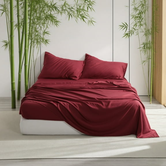 Ultra Soft Bamboo Sheet Set of 4, Durable and Cooling Bamboo Fiber Bed Sheet Set, Queen, 1 Flat Sheet +1 Fitted Sheet +2 Pillowcases, Wine