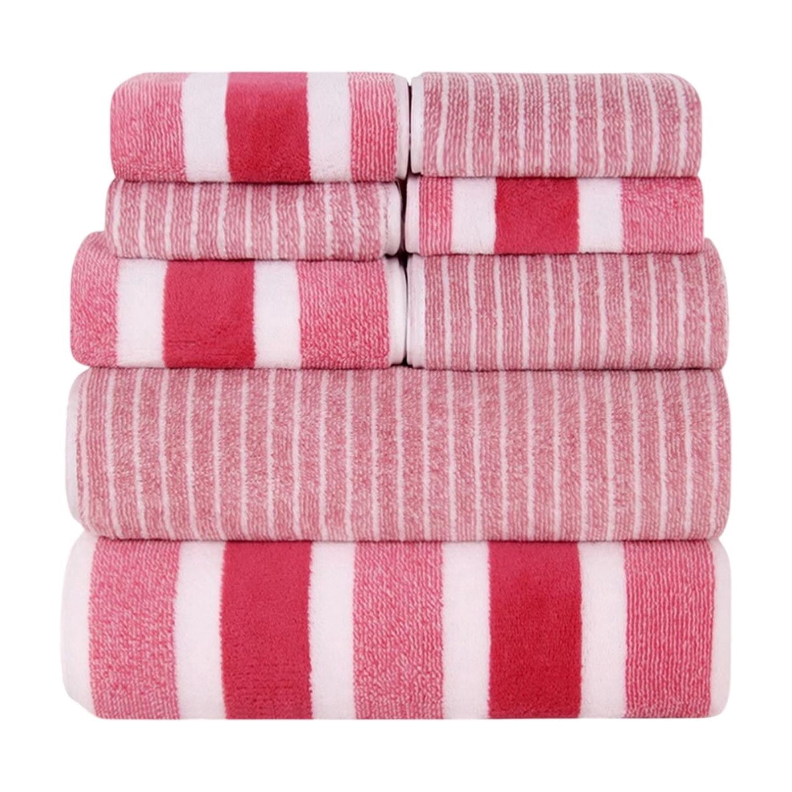 Ultra Soft Bath Towel Set 8-Piece, Velvet Wide Stripe Towel Washcloth Bath Towel, Microfiber Absorbent Quick Dry Towels for Bathroom, Spa, Gym, Pool Shower Beach (Pink)