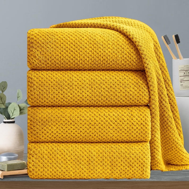 Ultra Soft Bath Towels, 4 Pack Dark Yellow Oversized Bath Sheet Set by Muddy Cat Home - 600 GSM