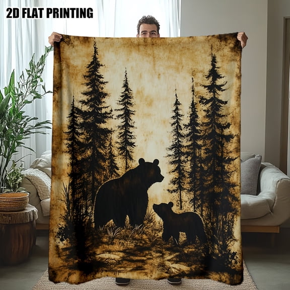Ultra-Soft Bear Family Flannel Throw Blanket - Forest Print with Black Bears & Pine Trees, Rustic Brown & Black Cozy All-Season Warmth for Sofa Bed Chair