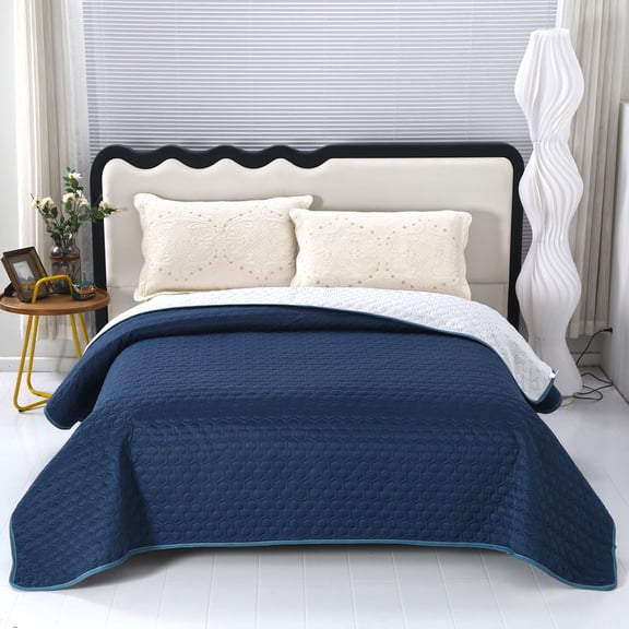 Ultra Soft Bedspread, Classic Checkered Pattern Polyester Polyurethane Bed Blanket, Lightweight Breathable All Season Bed Cover, Machine Washable Decorative Bedding for Bedroom,Dark blue,King