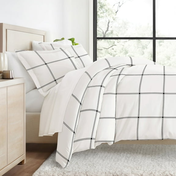 Duvet Cover Set - Ultra Soft & Breathable - Gray Plaid for Twin Size Bedding by Comfort Canopy