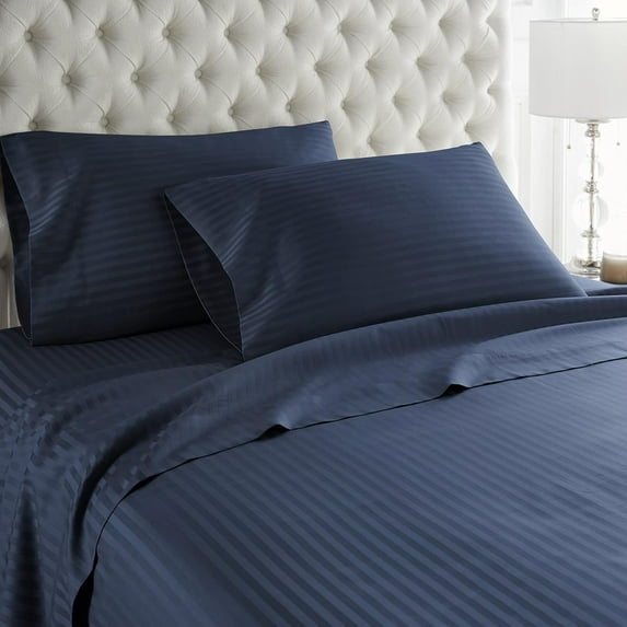 Ultra-Soft & Breathable Luxury Bedding ! 600 Thread Count 100% Egyptian Cotton Full Size 4 Piece Sheet Set Fit 15" Inch to 18" Inch Deep Pocket { Stripe Navy Blue }