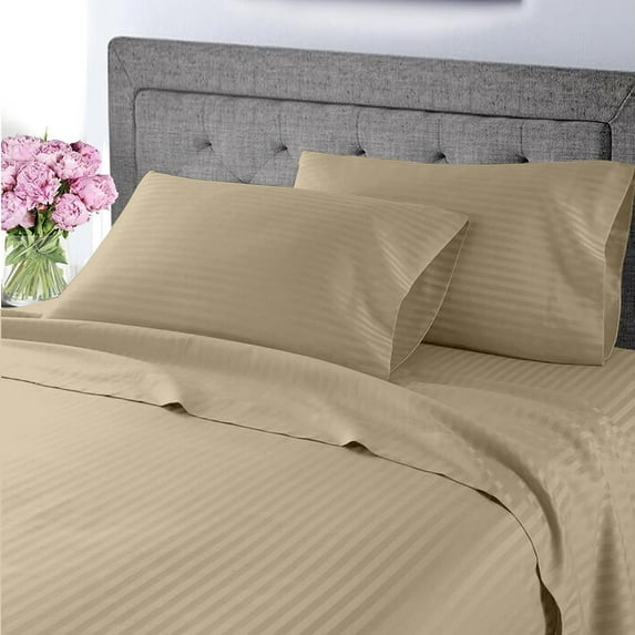 Ultra-Soft & Breathable Luxury Bedding ! 600 Thread Count 100% Egyptian Cotton King Size 4 Piece Sheet Set Fit 15" Inch to 18" Inch Deep Pocket { Stripe Taupe }