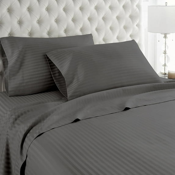 Ultra-Soft & Breathable Luxury Bedding ! 600 Thread Count 100% Egyptian Cotton Twin XL Size 4 Piece Sheet Set Fit 9" Inch to 12" Inch Deep Pocket { Grey Stripe }