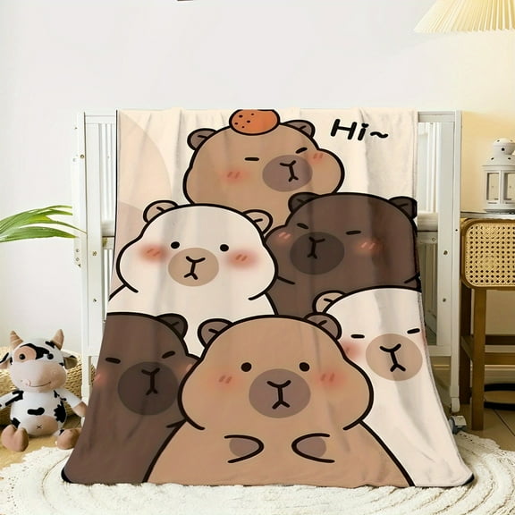 Ultra-Soft Cartoon Capybara Print Flannel Blanket Modern Style All-Season Cozy Throw for Adults & Youngsters Perfect for Bed Sofa or Bedroom Decor Warm & Stylish Gift Idea