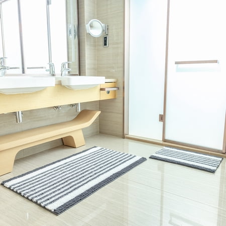 Ultra Soft Chenille Bathroom Rug, Dry Fast Non Slip Bathmat, Grey 17 x 24 + 26 x 44 inches,2 Pack