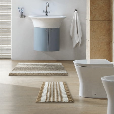 Ultra Soft Chenille Bathroom Rug, Dry Fast Non Slip Bathmat, Off White 17 x 24 + 20 x 30 inches,2 Pack