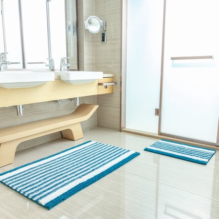 Ultra Soft Chenille Bathroom Rug, Dry Fast Non Slip Bathmat, Turquoise 17 x 24 + 26 x 44 inches,2 Pack