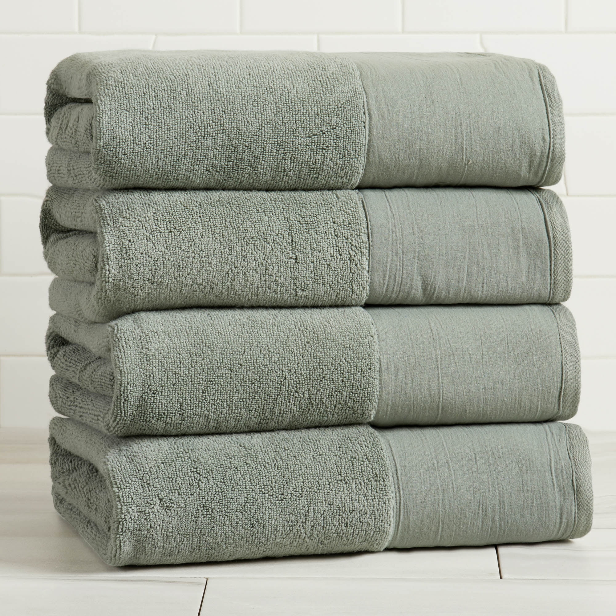 Ultra-Soft Cotton and Modern Linen-Like Border 4 Pack Bath Towel Set